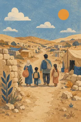 Refugee Family Walking Dusty Rural Road