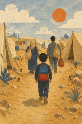Refugee Family Walking Through Tent Settlement