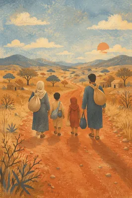 Refugee Family Walking Dusty Red Road