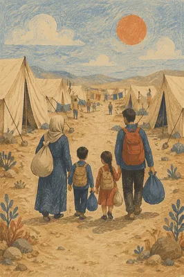 Refugee Family Walking Through Dusty Camp Road