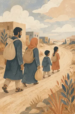 Refugee Family Walking a Dusty Rural Road