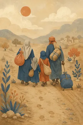 Refugee Family Walking a Dusty Road