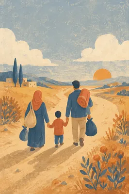 Refugee Family Walking a Dusty Road