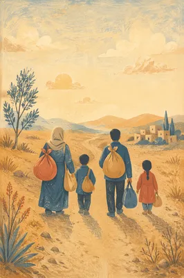 Refugee Family on Dusty Morning Road