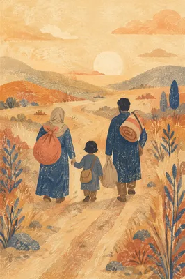 Refugee Family Walking Through Dusty Countryside