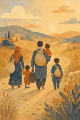 Refugee Family on Dusty Rural Road