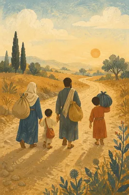 Refugee Family on Dusty Morning Road