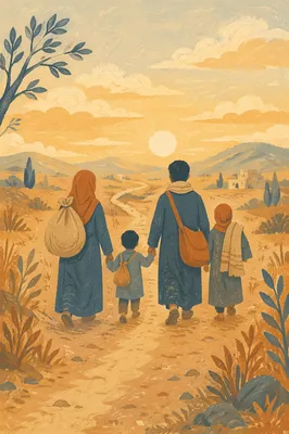 Refugee Family Walking Dusty Road at Sunrise