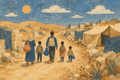 Displaced Family Walking Dusty Settlement Road