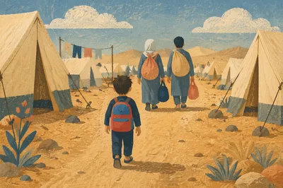 Refugee Family Walking Through Tent Settlement