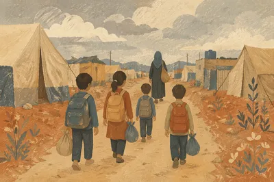 Refugee Family on Dusty Shelter Road