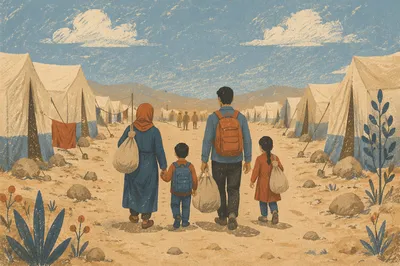 Refugee Family Walking Through Dusty Camp Road