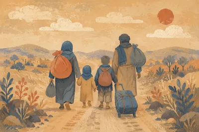 Refugee Family Walking Dusty Rural Road