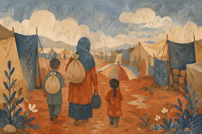 Refugee Family Walking Dusty Road Toward Shelter