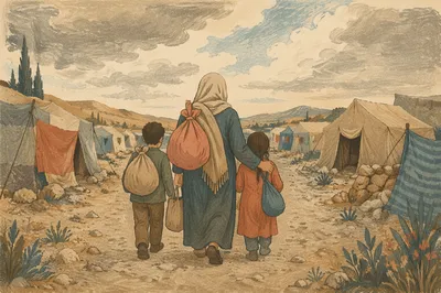 Refugee Family Walking Dusty Camp Road