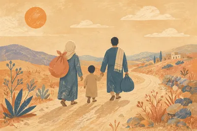 Refugee Family Walking a Dusty Road