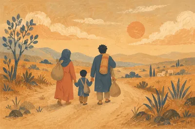 Refugee Family Walking a Dusty Rural Road