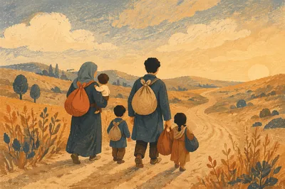 Refugee Family on Dusty Rural Road