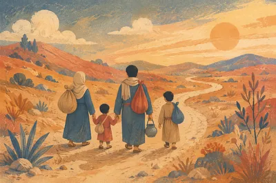 Refugee Family on Dusty Rural Road