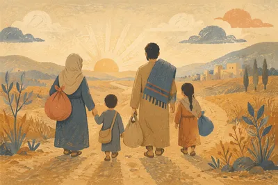 Refugee Family on Dusty Sunrise Road