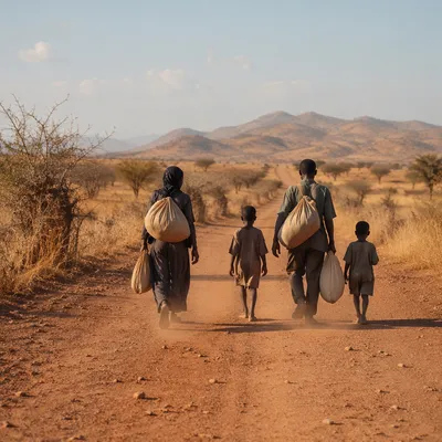Refugee Family Walking Dusty Rural Road
