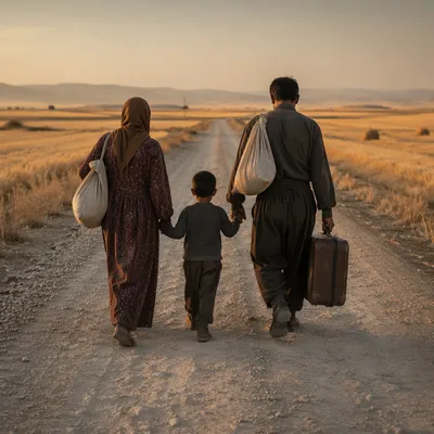 Refugee Family on Dusty Country Road