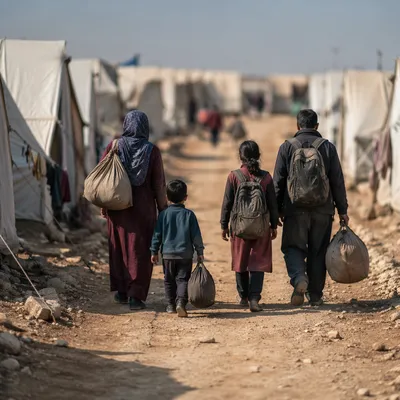 Refugee Family Walking Through Shelter Camp
