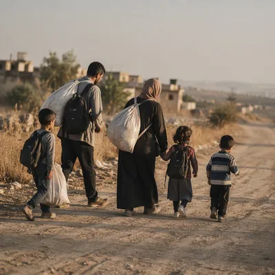 Refugee Family Walking a Dusty Road