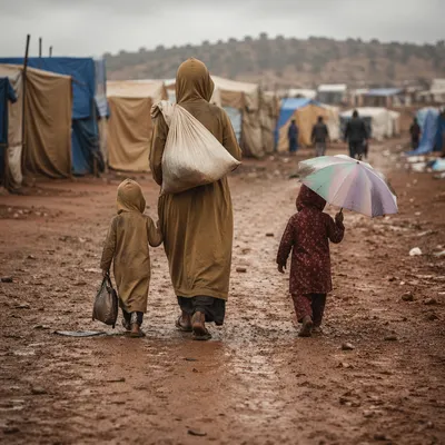 Refugee Family Walking Through Tent Settlement