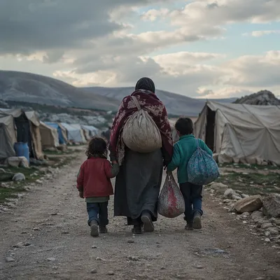 Refugee Family Walking Through Shelter Camp