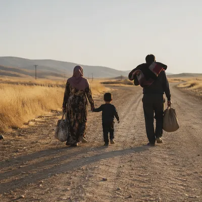 Refugee Family Walking a Dusty Road