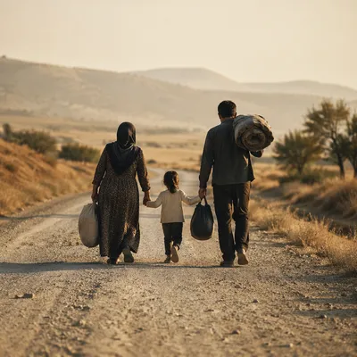 Refugee Family Walking Dusty Rural Road