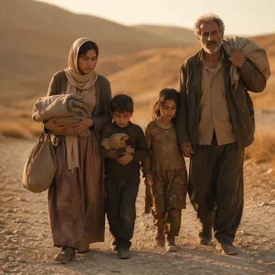 Refugee Family Walking Dusty Road at Sunset