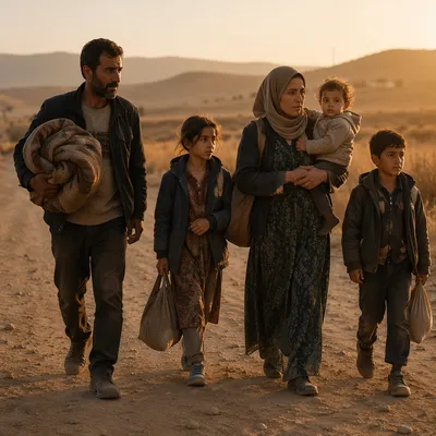 Refugee Family Walking Dusty Road at Sunset