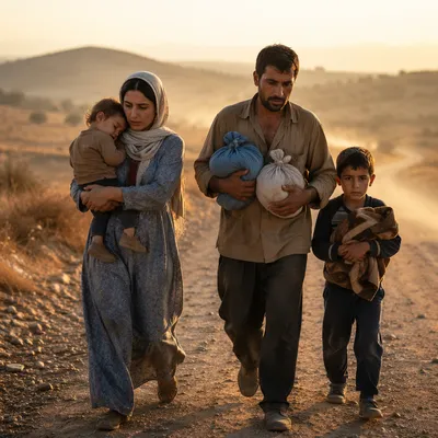 Refugee Family Walking on Dusty Road