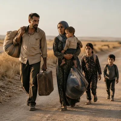 Refugee Family Walking Dusty Rural Road