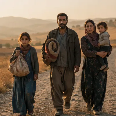 Refugee Family Walking on Dusty Road