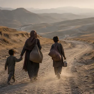 Refugee Family Walking Dusty Road
