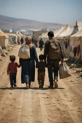 Refugee Family Walking Through Dusty Camp Road