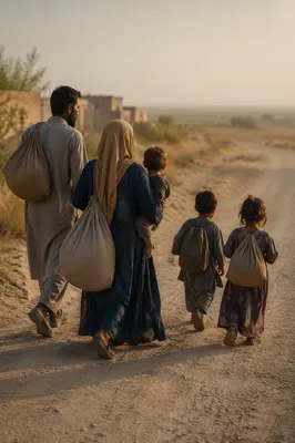 Refugee Family Walking a Dusty Rural Road