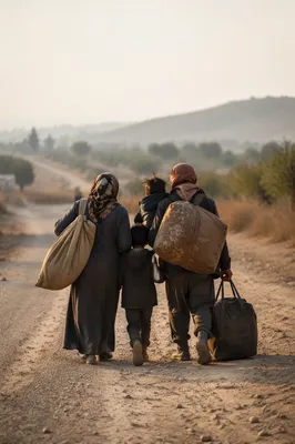 Refugee Family Walking Dusty Rural Road