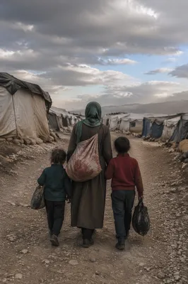 Refugee Family Walking Through Dusty Shelter Camp