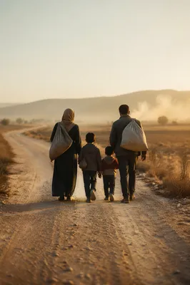 Refugee Family Walking Dusty Morning Road