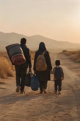 Refugee Family Walking Dusty Country Road