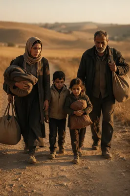 Refugee Family Walking on Dusty Road