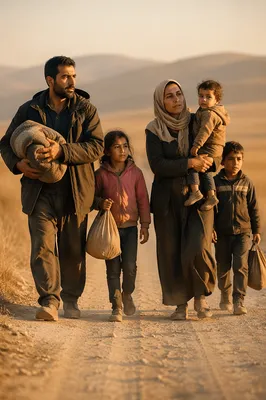Refugee Family Walking on Dusty Road
