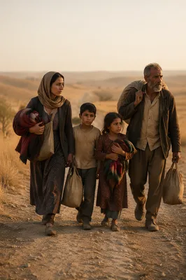 Refugee Family Walking on Dusty Road