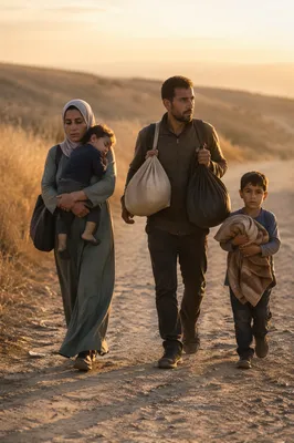 Refugee Family Walking on Dusty Road