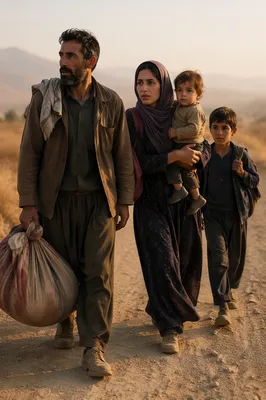 Refugee Family Walking on Dusty Road