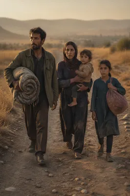 Refugee Family Walking on Dusty Road